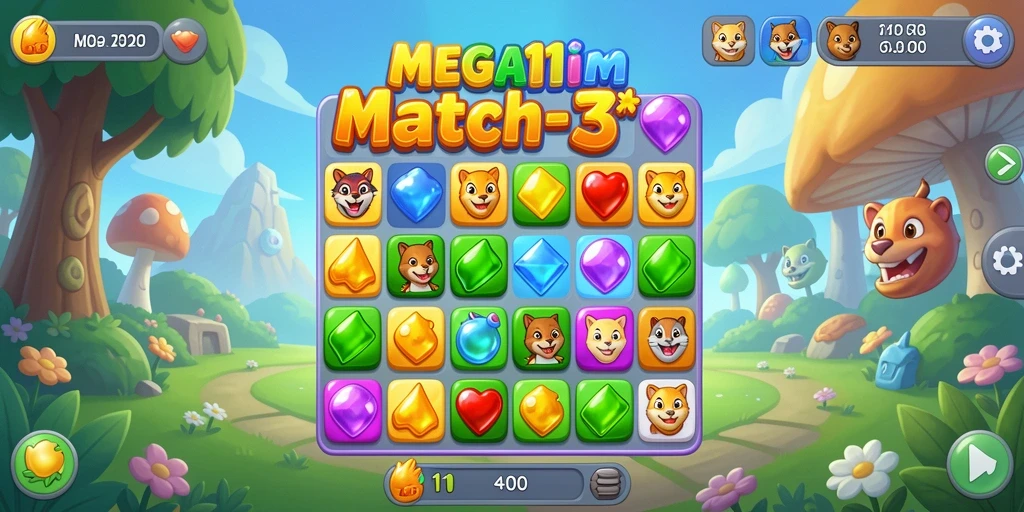 Screenshot utama MEGA111 menunjukkan aksi gameplay Match-3 yang seru.