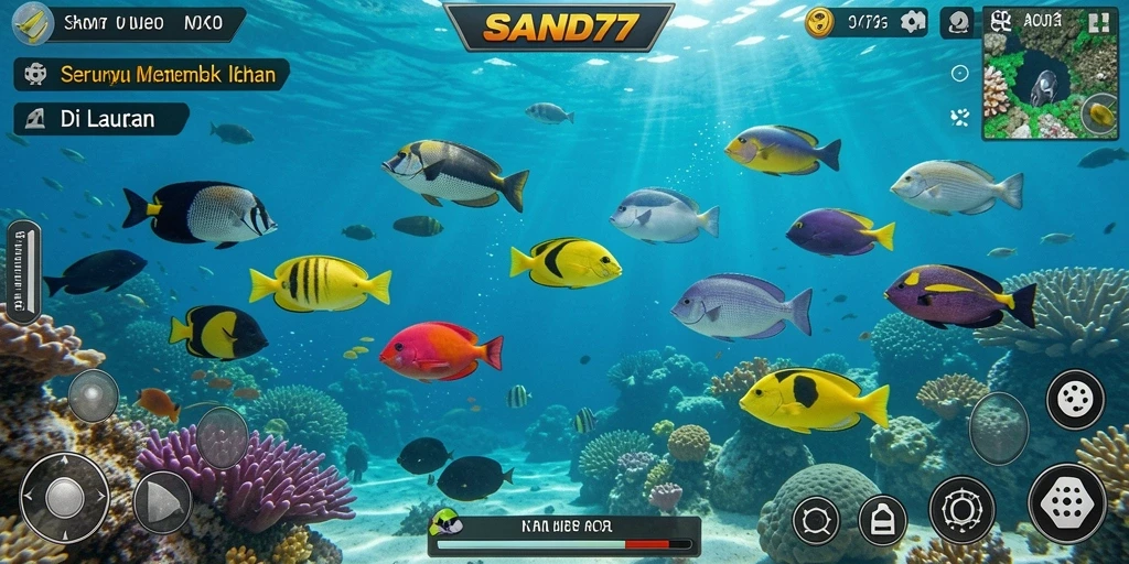 Screenshot gameplay seru dalam SAND77 menembak ikan.